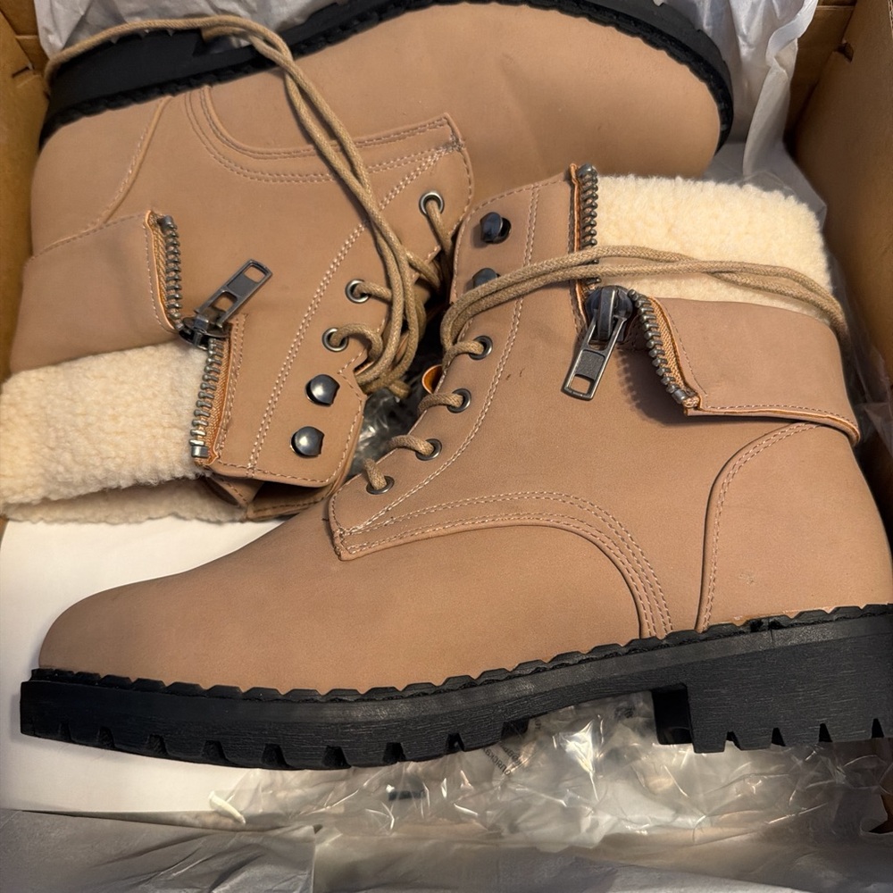 JustFab Tan Fold-Over Sherpa Lace-Up Combat Boots